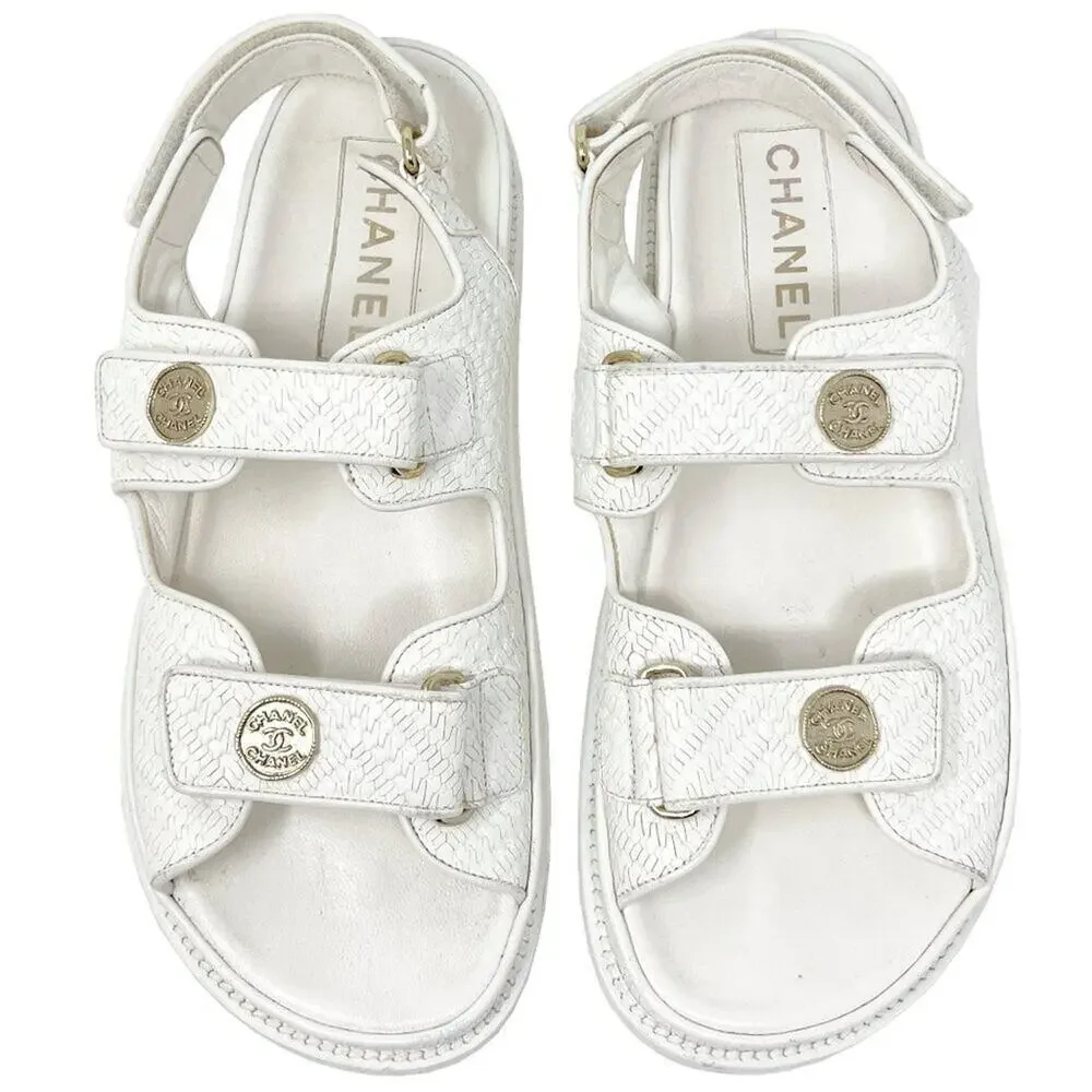 Chanel White Textured Leather Dad‎ Flat Sandals 39.5